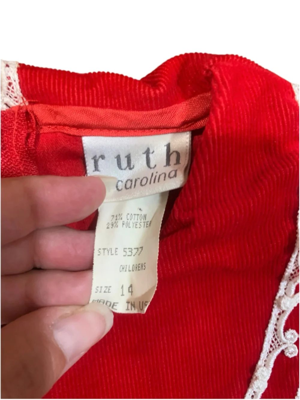 Vtg 90’s Girls Ruth Carolina Red and White Lace Holiday/Christmas Dress Size 14